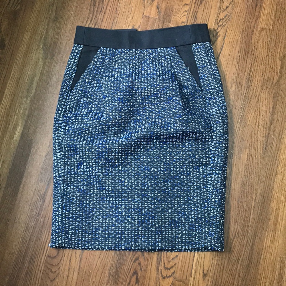J Crew Tweed Black & Blue Pencil Skirt 00